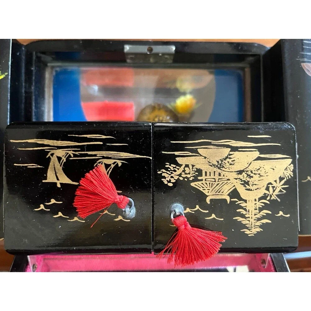 Vintage Toyo Japanese Black Lacquer Music Jewelry Box